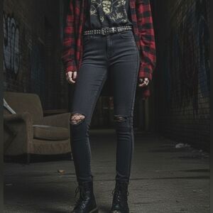 Forever 21 Black Denim Jeans High Rise Punk/Grunge Stretch Size 26